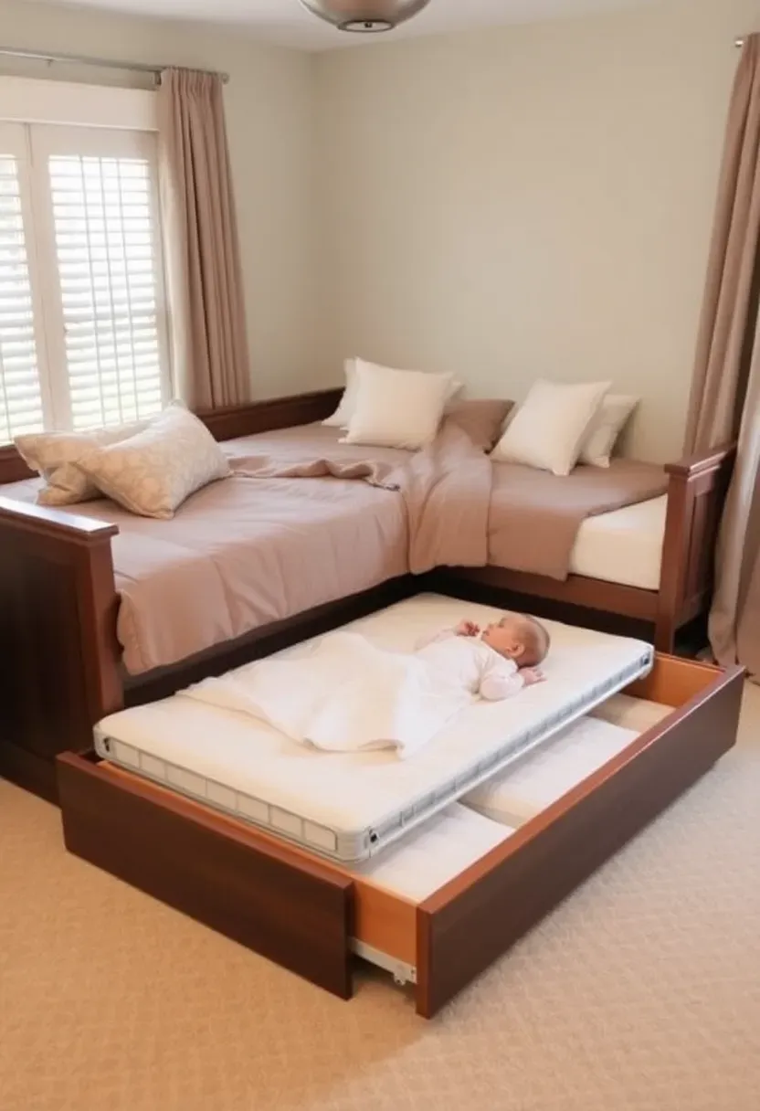 Daybed with pull-out trundle serving as baby sleep zone in a compact master bedroom with solid-sided low trundle for infant safety