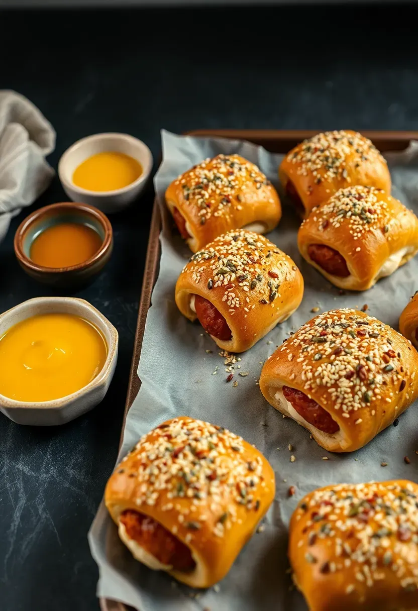 everything bagel seasoned pigs in a blanket arranged on a baking sheet with dipping sauce for baby shower