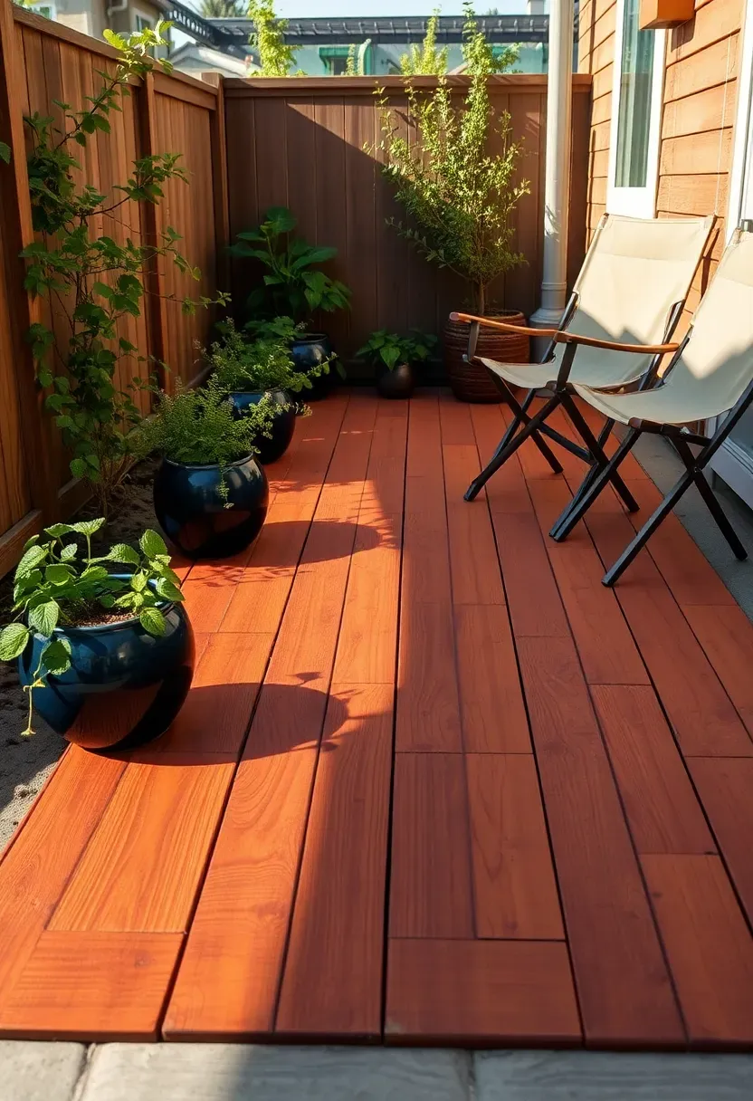 Snap-together cedar deck tiles installed on a small backyard patio over existing concrete with container plants around the edges