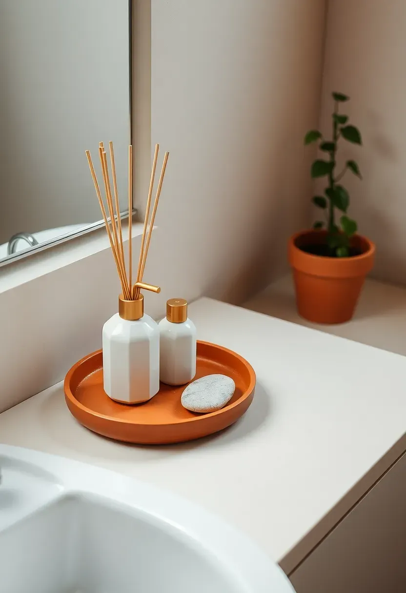 Styled rental bathroom countertop with a white ceramic soap dispenser, small matte terracotta tray, unlacquered brass reed diffuser, and a small pothos trailing from a clay pot — quiet-luxury accessory styling for renters