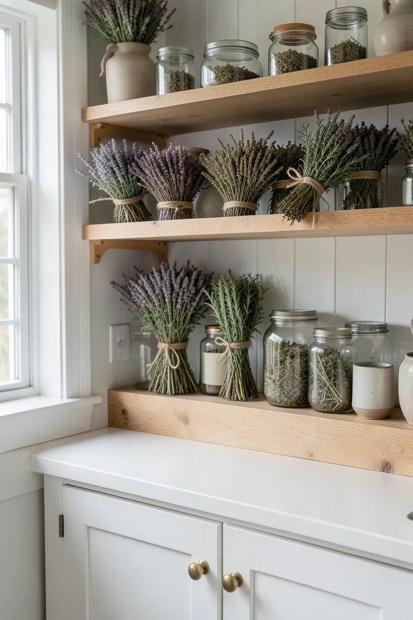 Hyper-realistic eye-level photograph of a boho kitchen with dried herb bouquets displayed on open shelves. The bouquets feature dried lavender, rosemary, and thyme bundles tied with natural twine. The dried herbs have earthy brown and muted green tones. The shelves are light wood and also hold glass jars with herbs and ceramic vessels. Below, white shaker cabinets with brass pulls. Natural light streaming through window. Materials: dried herbs, natural twine, light oak, glass, white painted wood, brass. Rustic and aromatic boho mood. Sharp focus on the dried herb textures and bundle details. No text, no logos, no watermarks.</p>