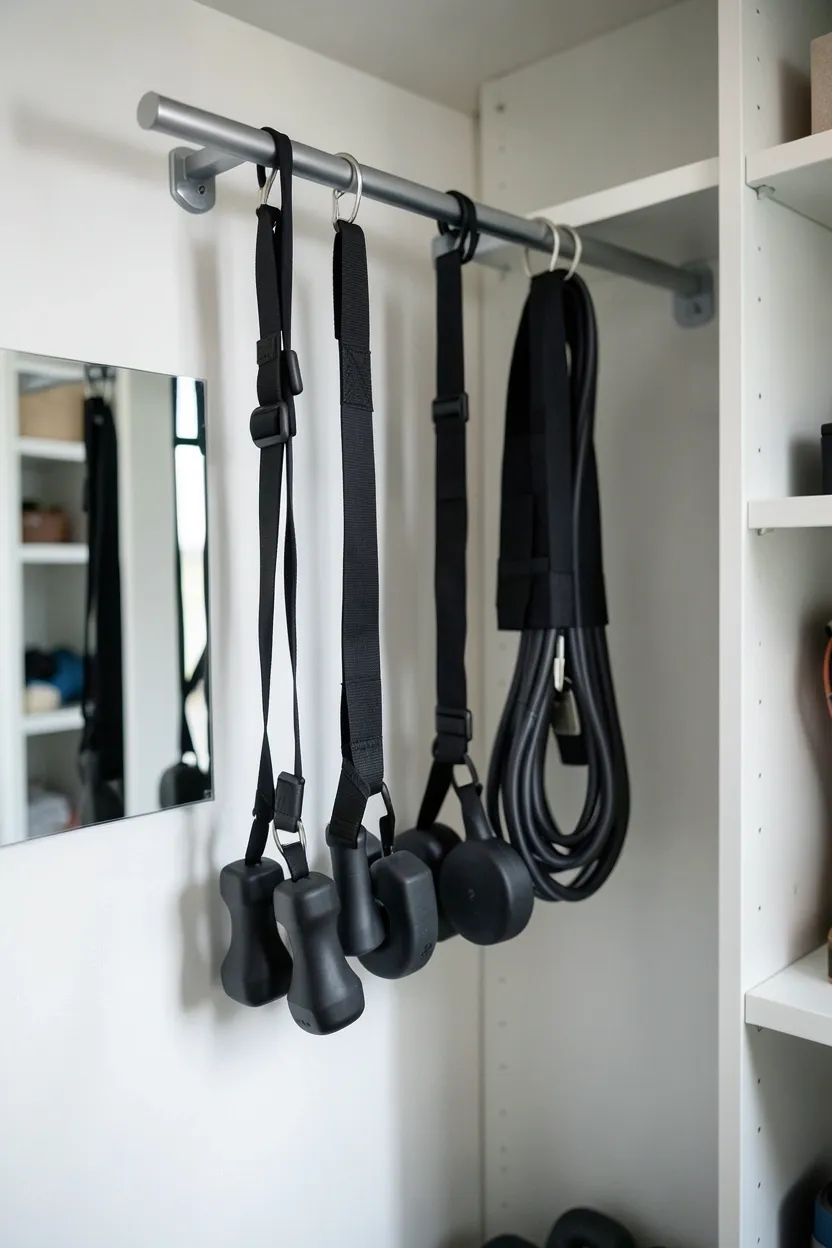 Tension rod storage system displaying resistance bands and yoga straps in a closet — no-drill renter-friendly gym organization idea