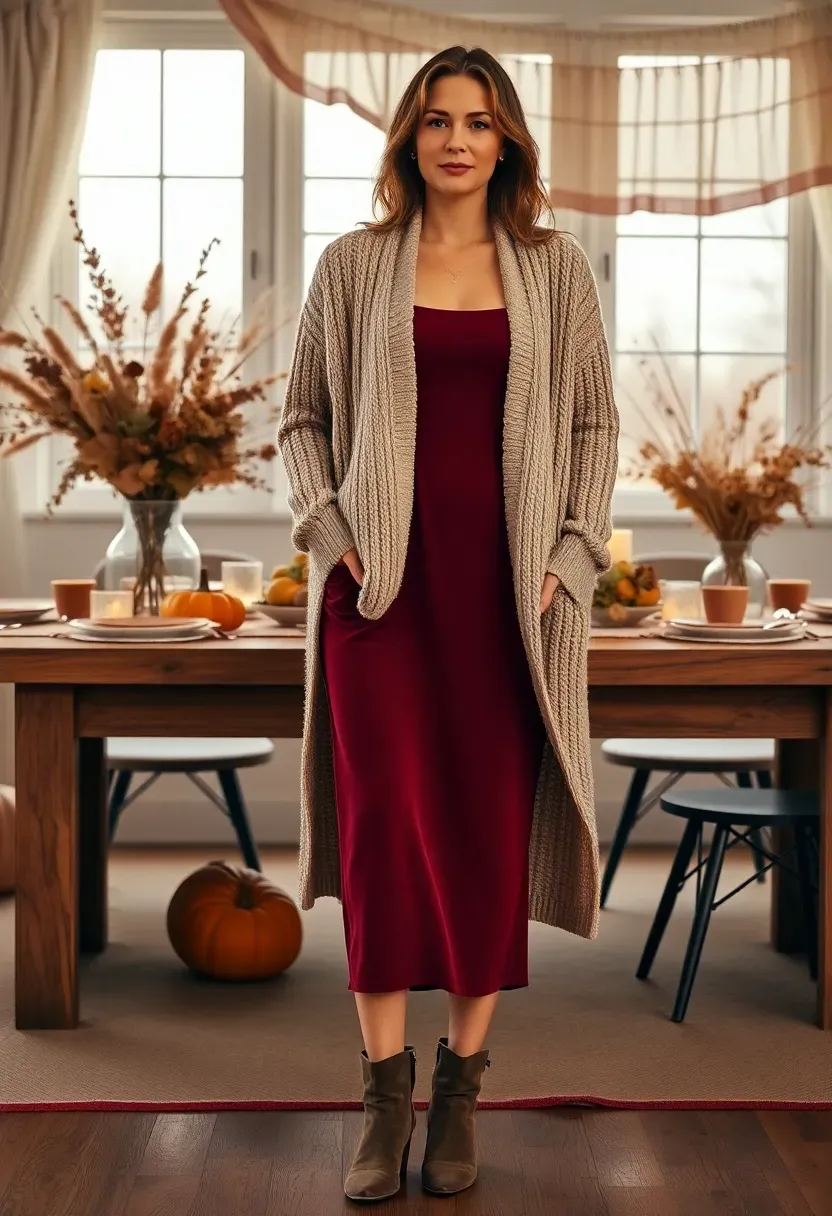 woman wearing a long oatmeal cardigan over a fitted burgundy midi dress at an autumn-themed baby shower