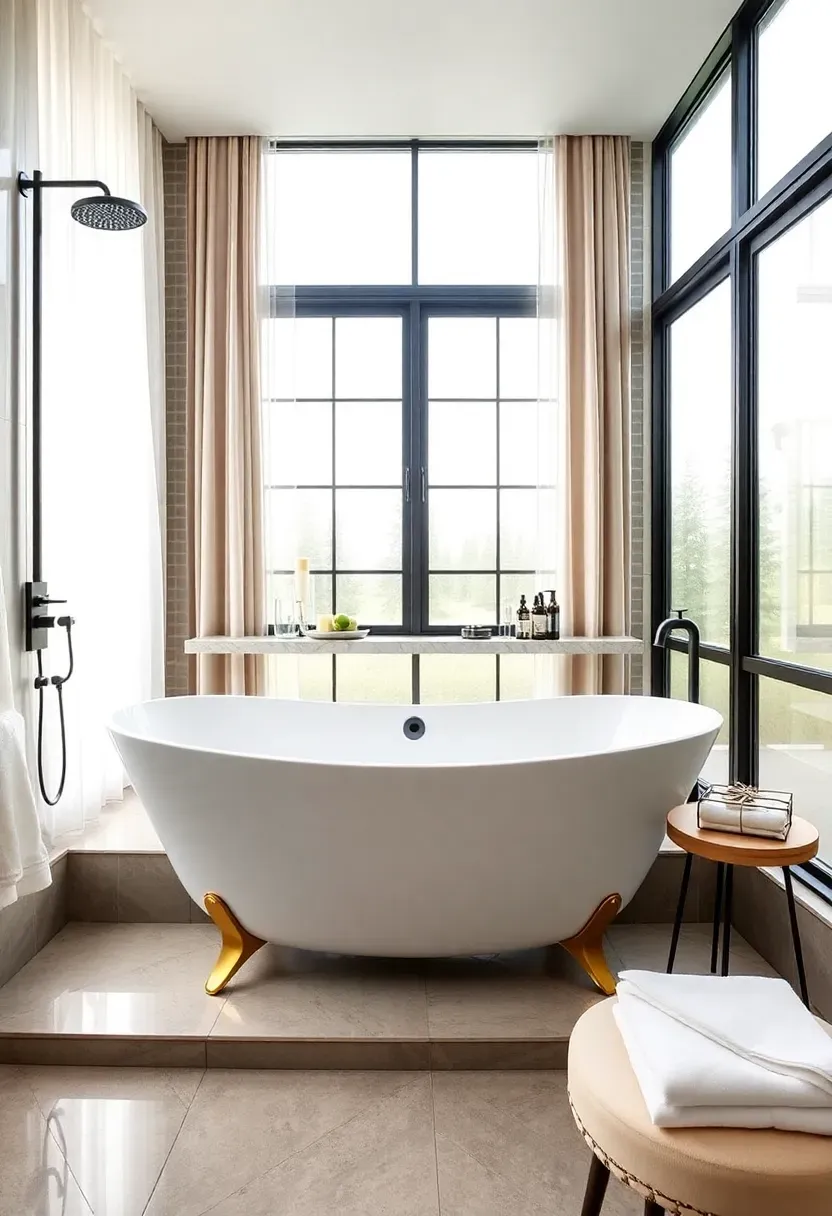 White oval freestanding soaking tub beside a window in a bright serene bathroom spa retreat