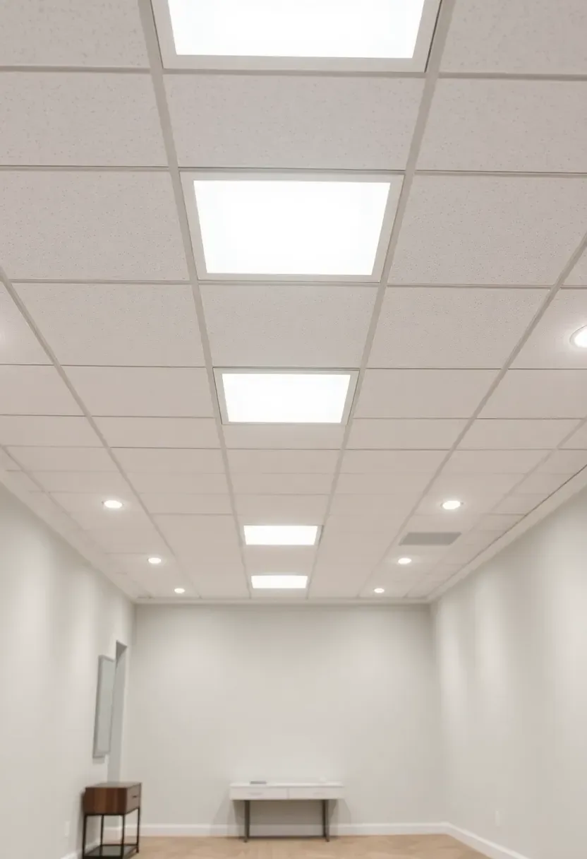 Modern basement drop ceiling with integrated flat LED panels casting even white light across a clean finished room