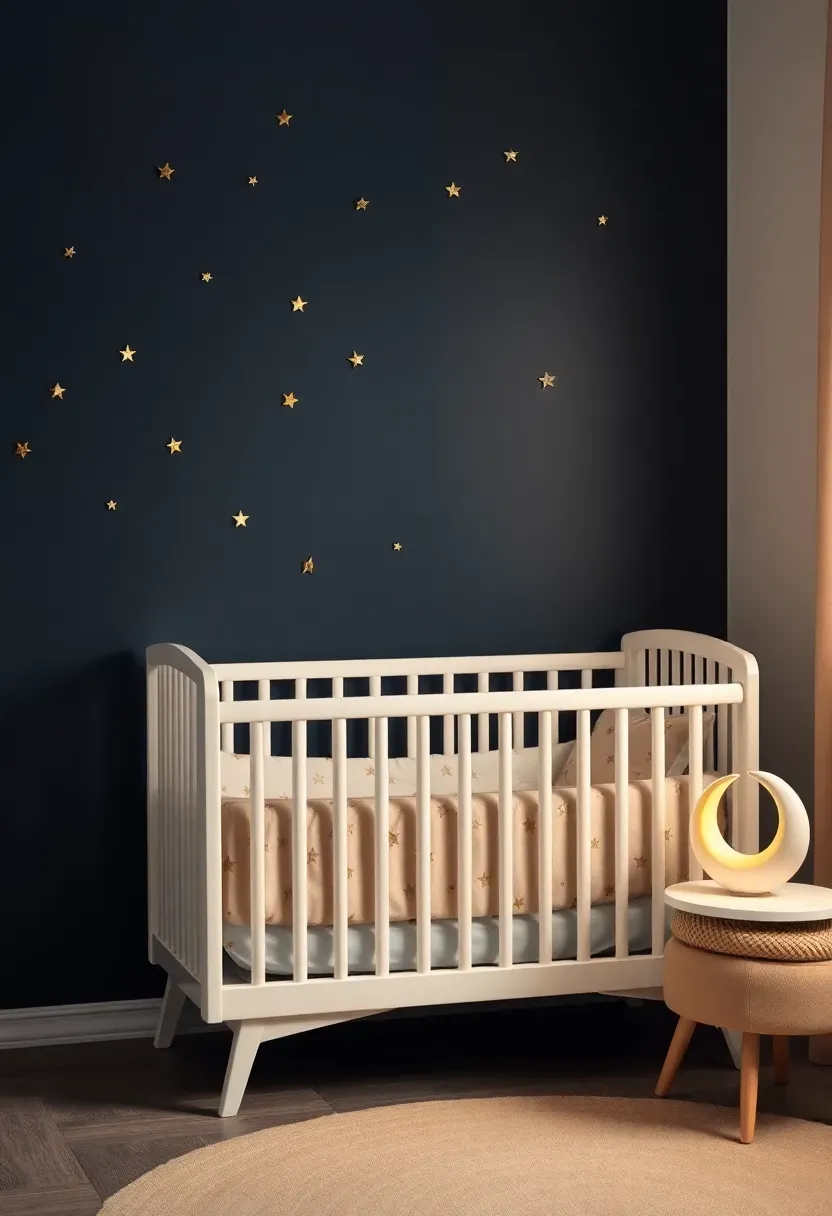 celestial stars and moon themed nursery for baby girl in soft navy and gold