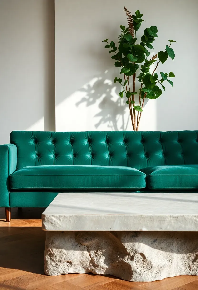 Hyper-realistic close-up view of unexpected material pairing in living room. Materials: plush emerald green velvet sofa with tufted detail adjacent to rough cast concrete coffee table with raw industrial finish. Contrast between luxurious soft velvet and cold hard concrete. White wall background, oak floor. Soft directional light emphasizing texture and material differences.</p>