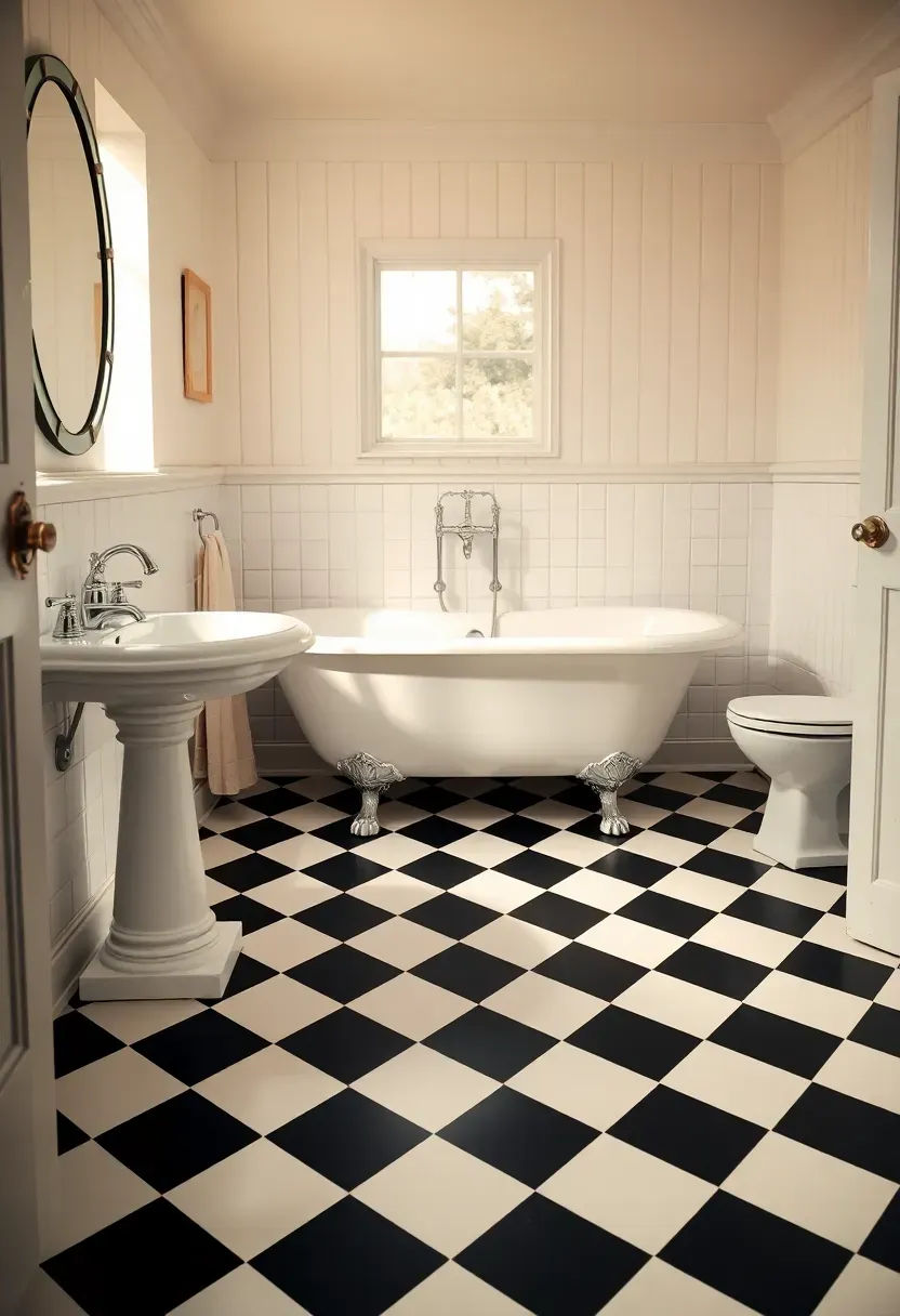 Classic black and white checkerboard tile bathroom floor with pedestal sink and clawfoot tub