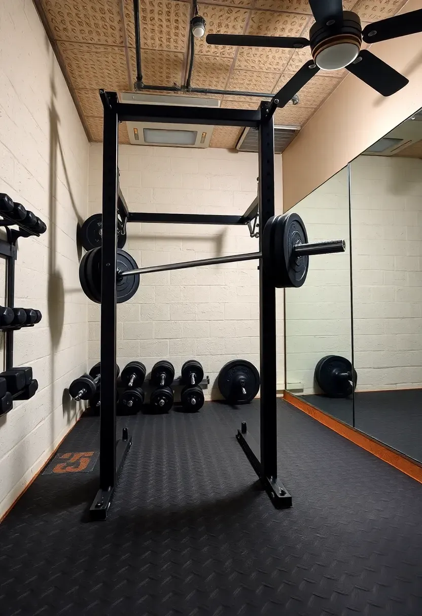 Basement home gym with rubber flooring, a power rack with barbell, dumbbells on a wall-mounted rack, a mirror wall, and a ceiling-mounted fan