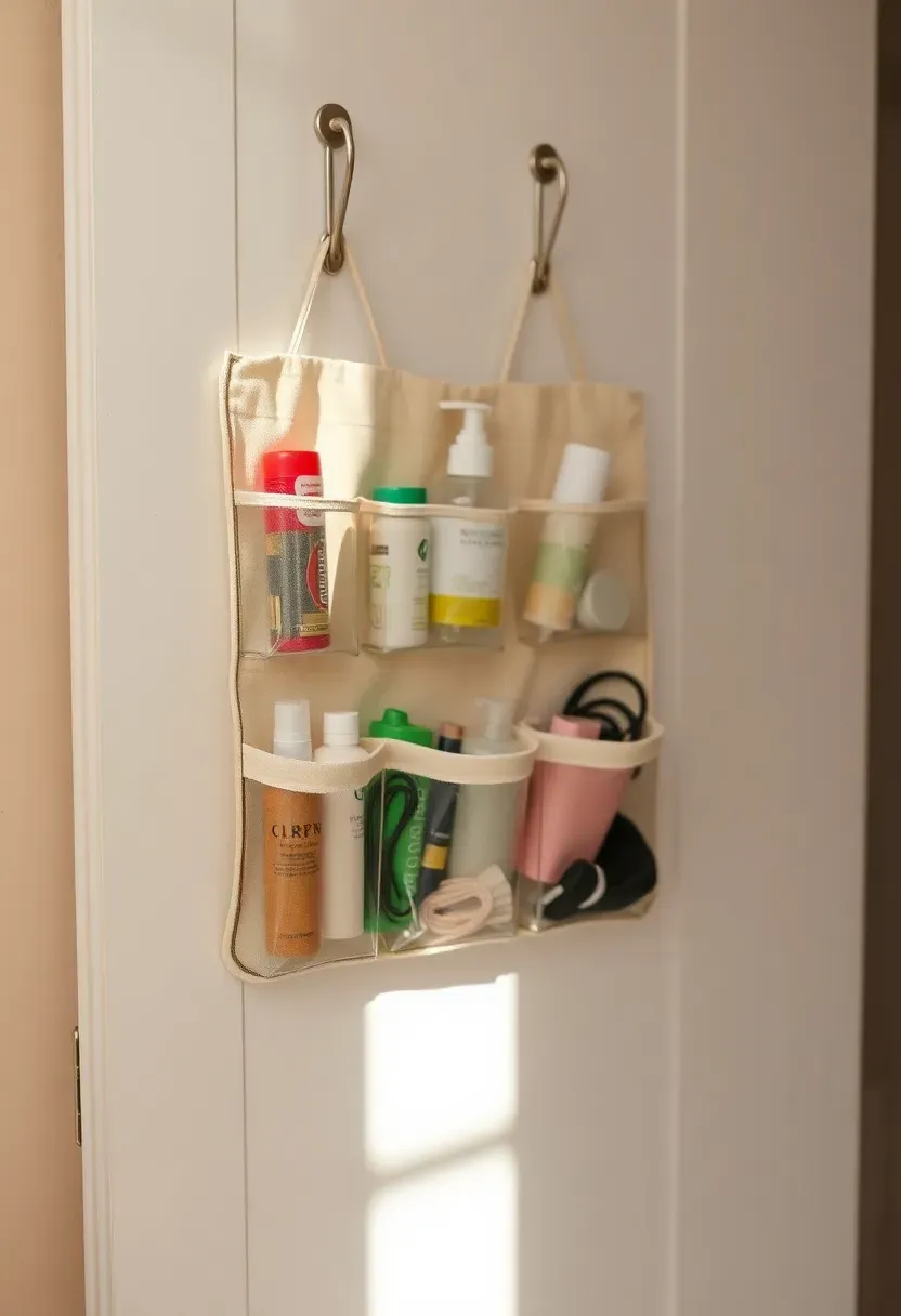 Over-the-door fabric pocket organizer filled with toiletries and small bathroom items on a white closet door