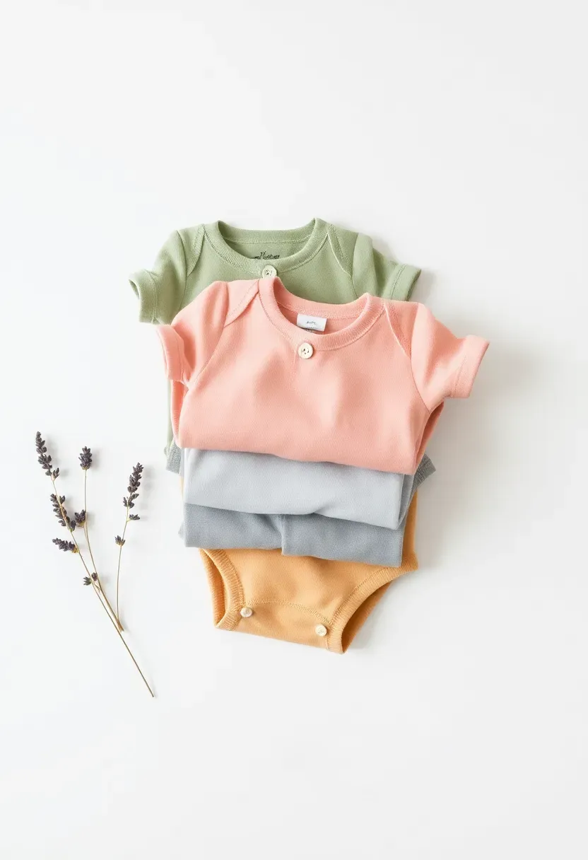 stack of organic cotton baby rompers in earthy neutral colours for newborn boy