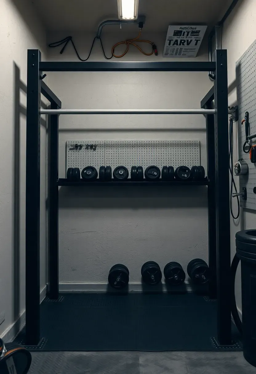 Compact power rack in a garage corner with rubber floor tiles, wall-mounted plate holders, and bright LED overhead lighting