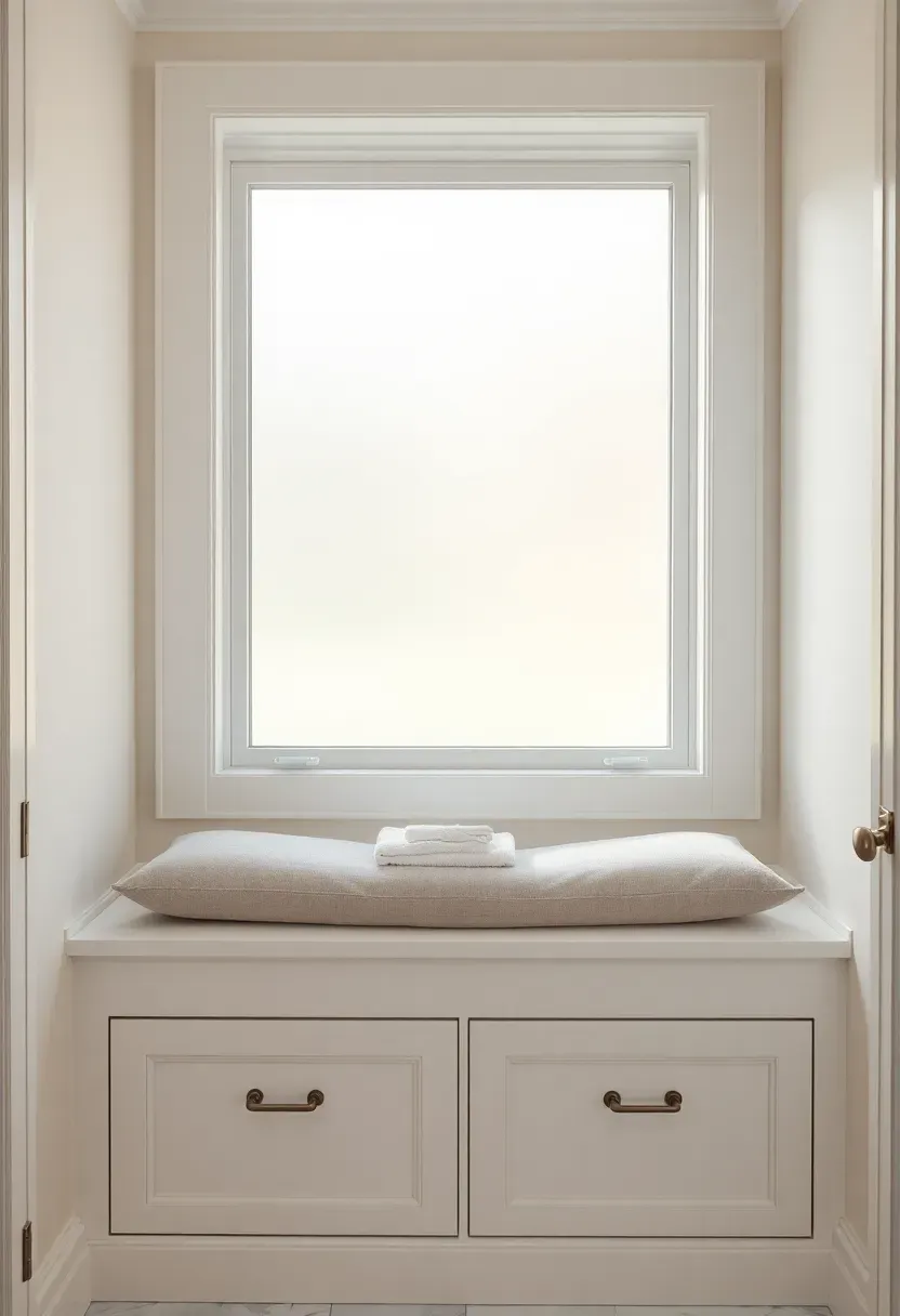 Built-in window seat below a frosted bathroom window with a cushion on top and storage drawers underneath