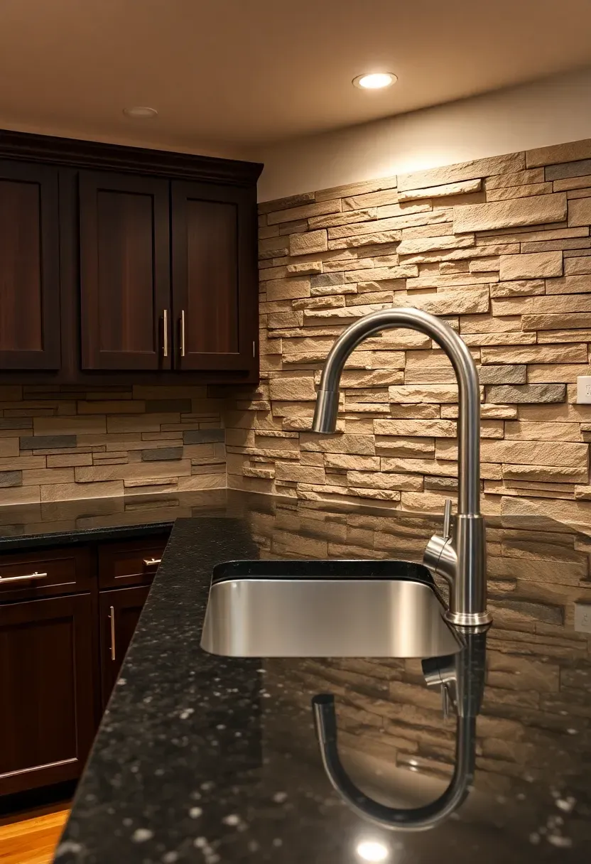 basement wet bar with stacked natural stone veneer backsplash dark wood cabinets and a prep sink with gooseneck faucet