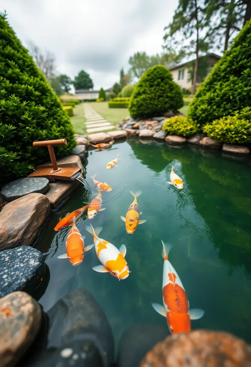 Japanese-style koi pond with orange and white koi visible under clear water, surrounded by manicured shrubs and a bamboo water spout