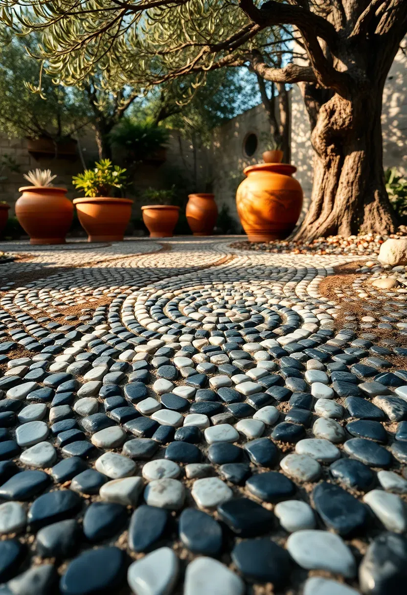Mosaic pebble pathway with swirling patterns of black and white river stones set in mortar in a Mediterranean-style backyard