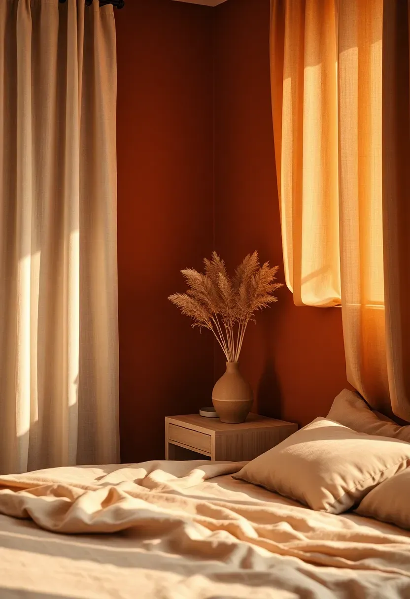 Bedroom with a warm terracotta painted accent wall behind a low platform bed with linen bedding and dried pampas grass arrangement