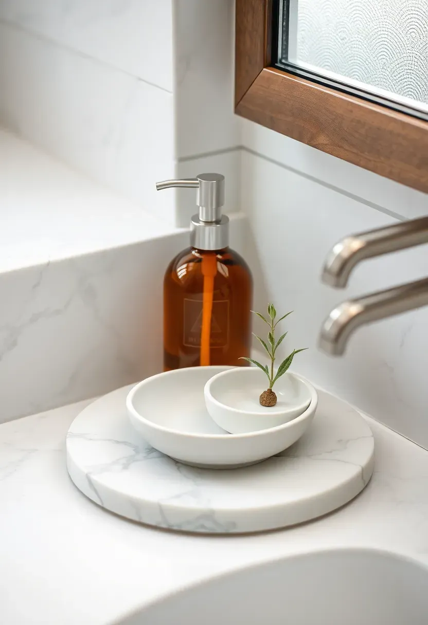 Small round white marble tray on a rental apartment bathroom vanity holding a glass hand soap pump, a lotion bottle, and a small air plant as a spa-like counter display