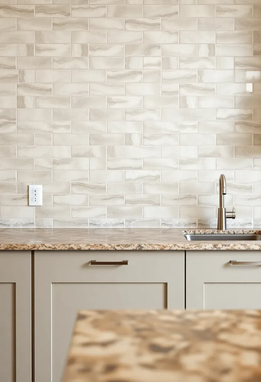 elongated subway greige tile backsplash in a transitional kitchen with fantasy brown granite counters and warm gray cabinets