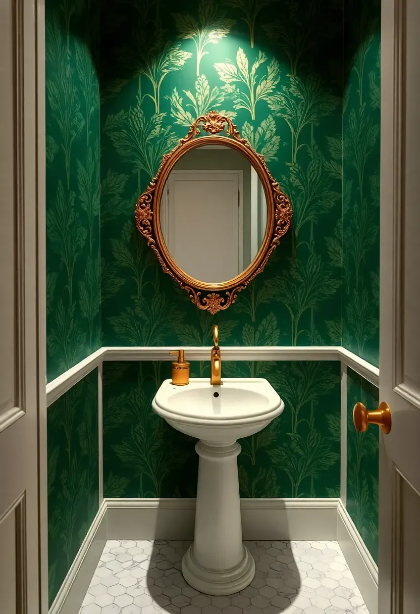 Compact boutique hotel powder room with statement wallpaper, elegant fixtures, and bold design