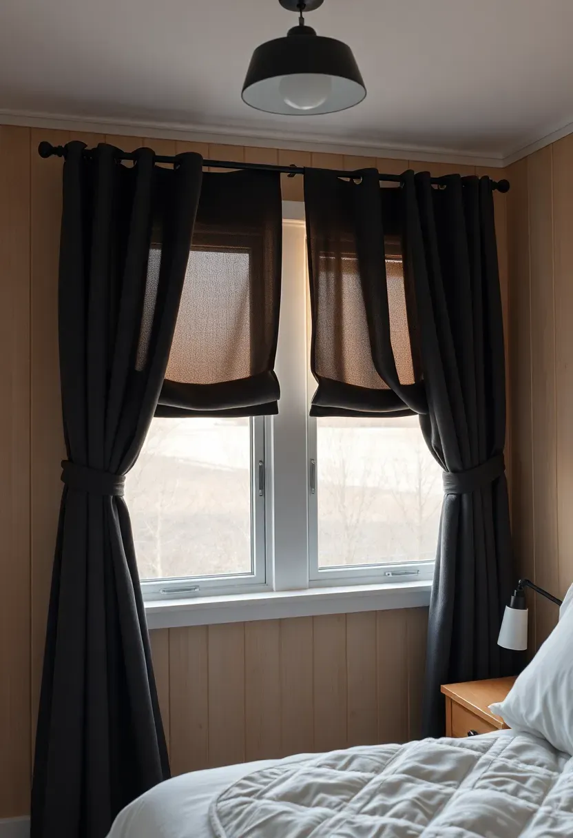 Hyper-realistic 3/4 view of tiny house bedroom with thermal curtains drawn over windows. Materials: heavy velvet thermal curtains in warm charcoal with blackout lining, wrought iron curtain rod, white window trim. Soft warm ambient light from overhead fixture, cozy minimalist bedroom with light wood walls, white linens, small bedside table. Peaceful winter evening mood with fabric texture focus. Shallow depth of field, sharp details on curtain fabric folds and window frame, visible bedroom context with quilt textures. No text, no logos, no watermarks.</p>