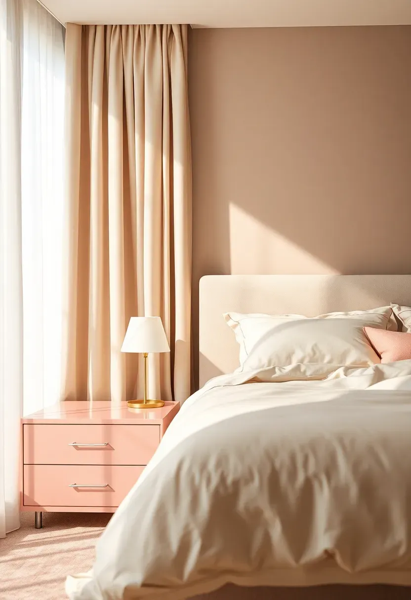 High-gloss nightstands with silk drapes