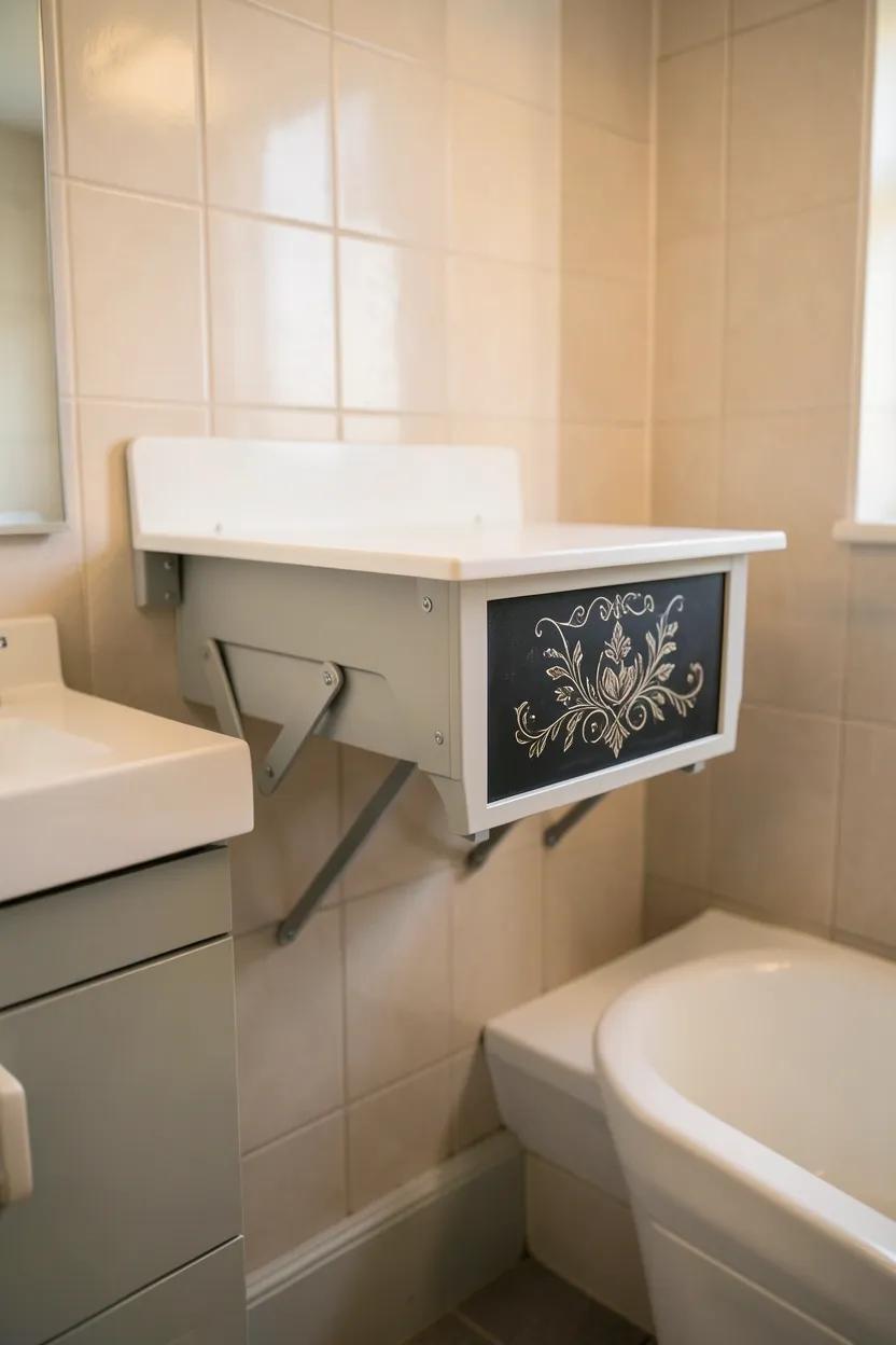 Wall-mounted fold-down baby changing table in a compact family bathroom saving floor space when folded flat