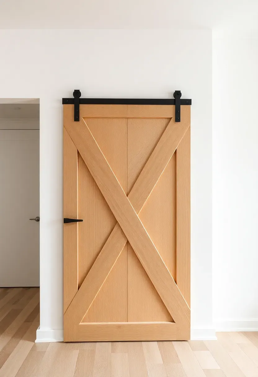 Chevron pattern barn door made from light oak strips arranged in a V-shape mounted on a closet in a bright modern bedroom