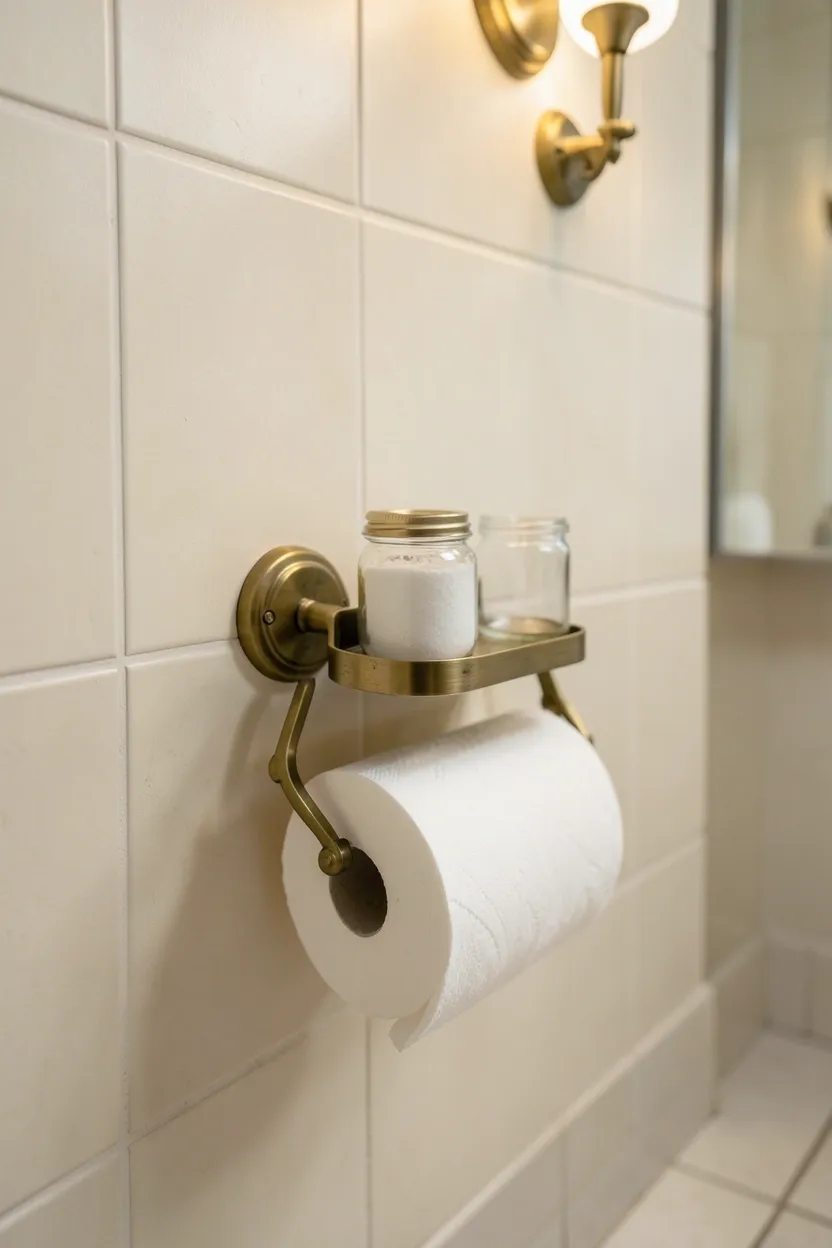 Brushed gold statement toilet paper holder with integrated shelf mounted on white tile wall next to toilet in a rental apartment bathroom