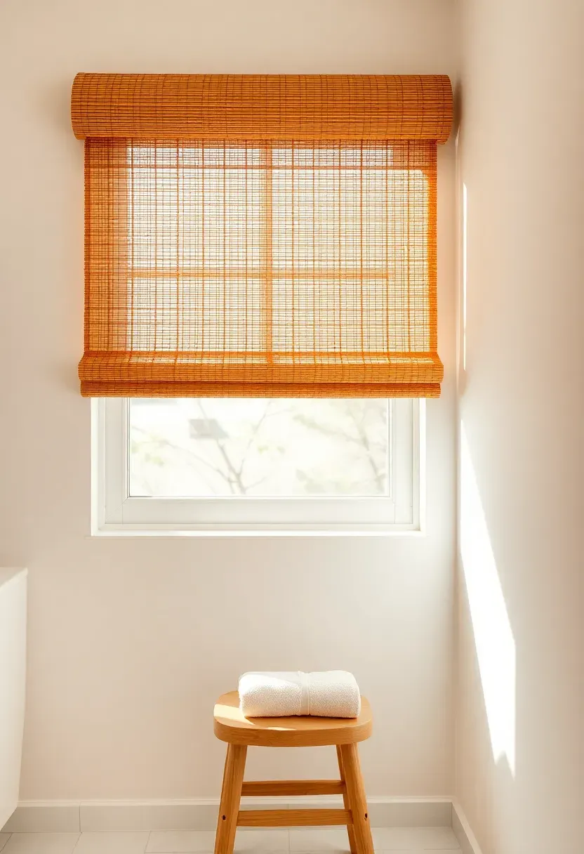 Bamboo roll-up shade with a white fabric liner on a bathroom window warm natural texture against white walls