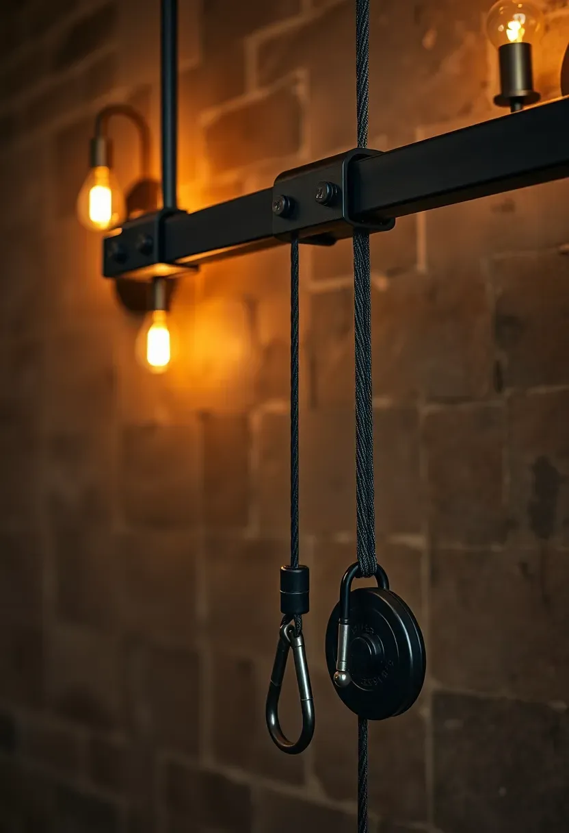 Wall-mounted cable pulley system in a home gym with adjustable height settings and sleek matte black hardware