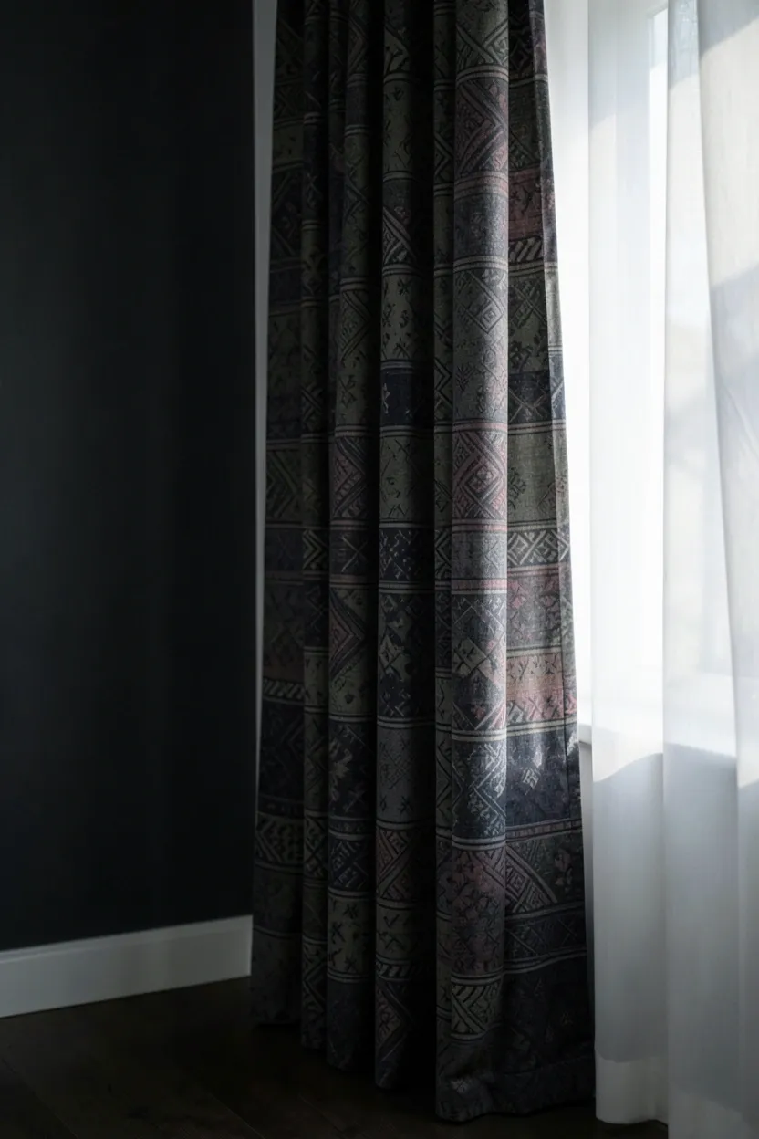 Floor-to-ceiling dark curtains with tribal boho pattern framing a large window in a moody bohemian living room