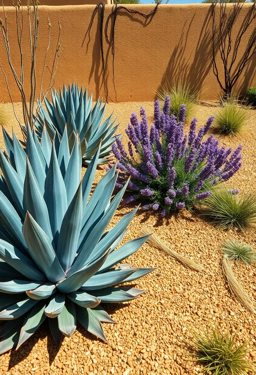 Drought-tolerant xeriscape backyard with agave, lavender, decomposed granite ground cover, and scattered native bunchgrasses under bright sun