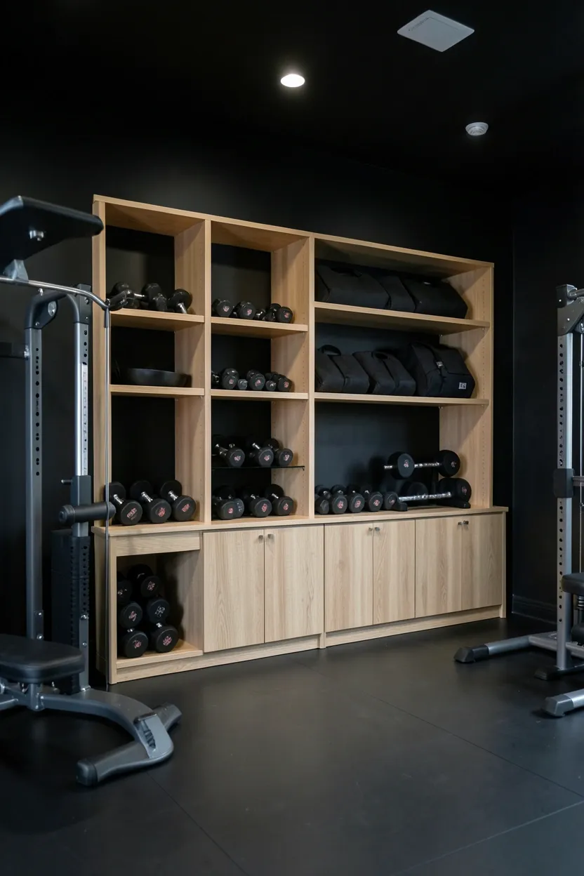 Ultimate dark home gym with fully matte black walls and floor-to-ceiling built-in oak wood storage for dumbbells, barbells, and gym gear