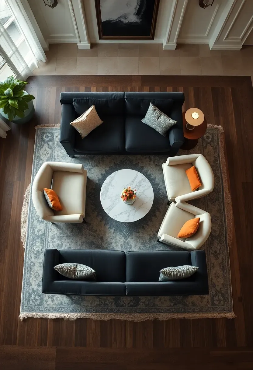 Hyper-realistic top-down view of focused conversation area. Materials: charcoal velvet sofa, two cream armchairs positioned for intimate conversation, round marble coffee table centered within reach, large rug defining zone. Generous circulation around perimeter. Intimate seating arrangement creating warmth and approachability within larger elegant room.</p>
