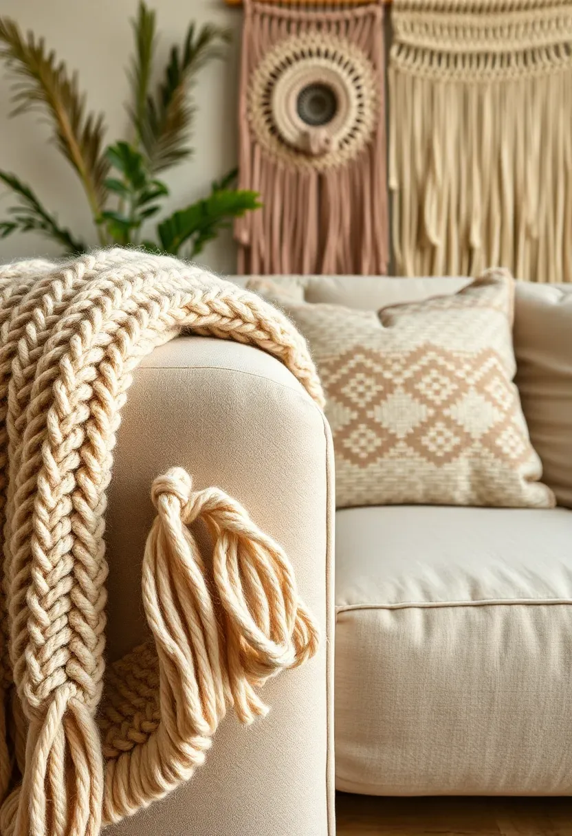 Hyper-realistic close-up detail shot of handwoven textile accents in Japandi living room: chunky knit wool throw draped over sofa arm showing visible stitch texture, woven cushion with geometric pattern, macramé wall hanging in background. Materials: thick wool yarn with visible twist, cotton woven fabric with raised texture, knotted macramé cords. Soft directional light highlighting weave patterns and textures. Artisanal warm mood celebrating craftsmanship. Sharp focus on textile details, shallow depth of field, visible room context with neutral sofa and wood floor. No text, no logos, no watermarks.</p>