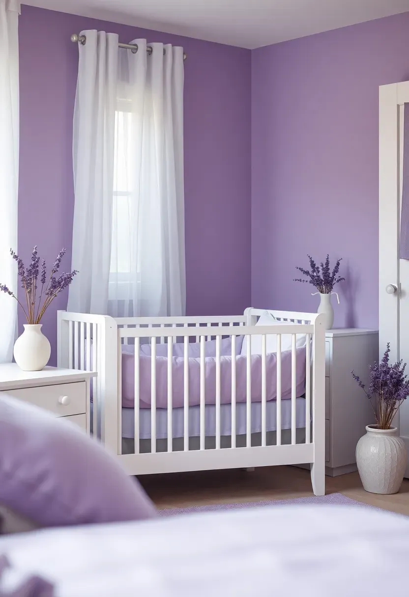 lavender and lilac nursery with soft purple walls white furniture and floral accents