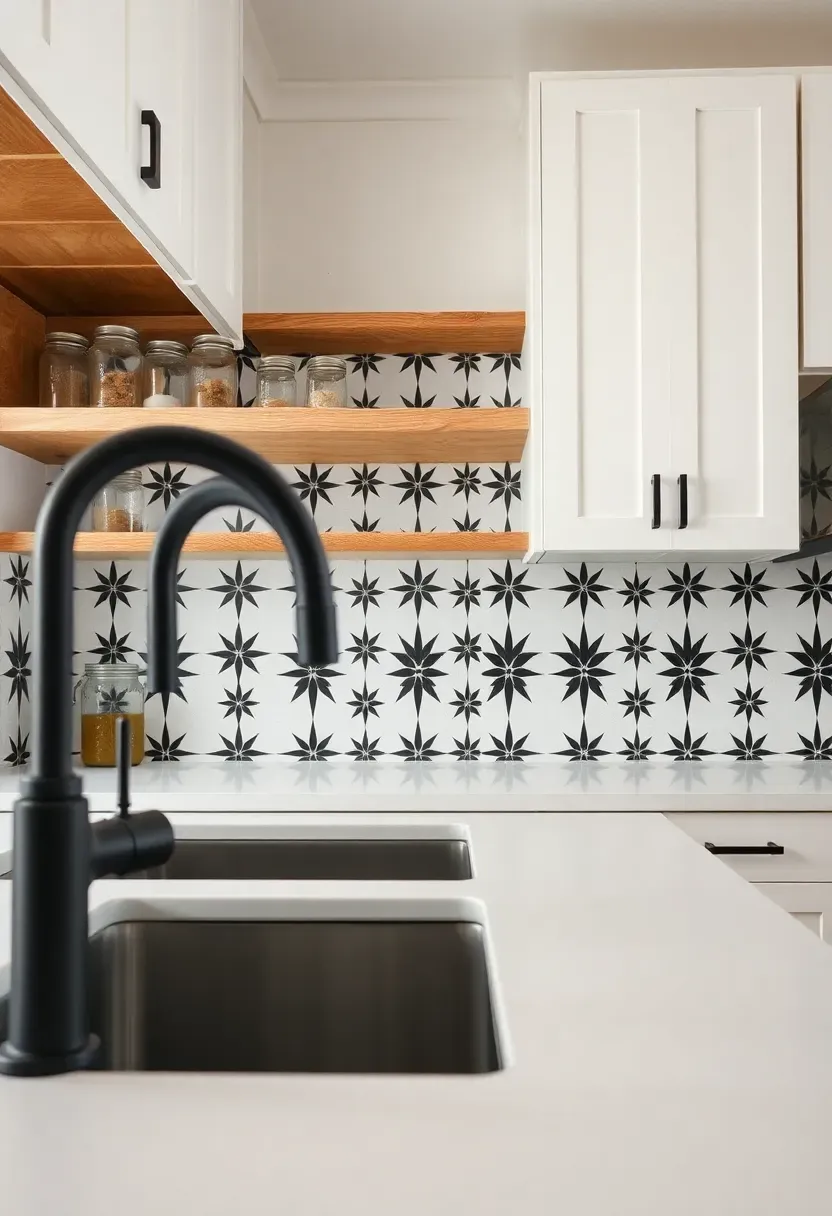 black and white geometric encaustic cement tile backsplash in a kitchen with white cabinets open shelving and matte black faucet
