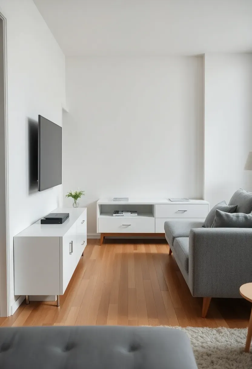 Hyper-realistic view of small minimalist living room with shallow white media console, flat-screen TV mounted above, console extends only 12-14 inches from wall, small apartment living room preserving floor space, gray sofa opposite, oak floor, white walls. Materials: white lacquer or wood media console, minimalist cabinet hardware, oak floor, white walls, television. Natural light, compact functional mood. Shallow console preserving floor area, shallow depth of field, no text, no logos, no watermarks.</p>