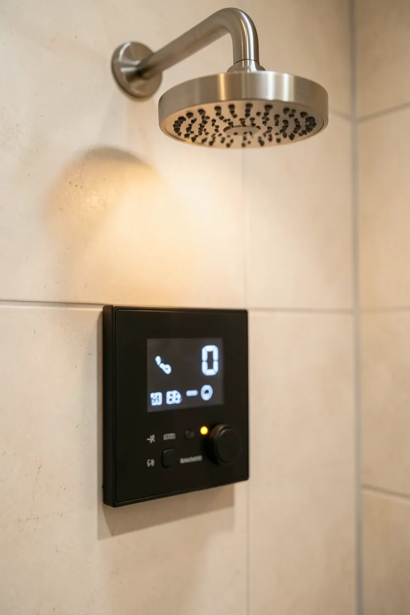 Digital smart shower with rainfall head and body jets in a large-format tiled modern bathroom
