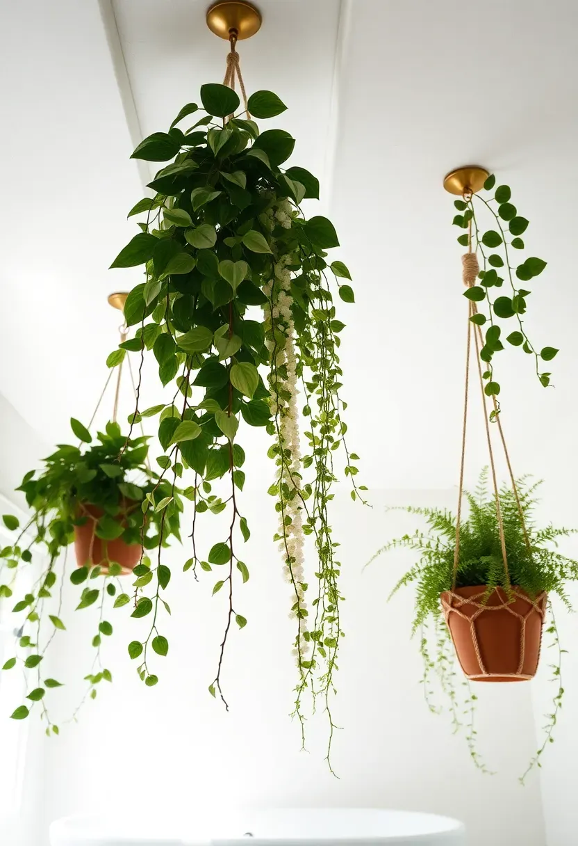Bathroom ceiling with trailing pothos and string of pearls plants hanging from mounted ceiling hooks and rods