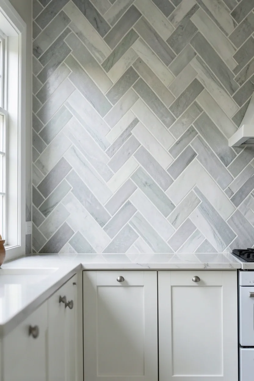 Gray and white herringbone tile backsplash with dark grout adding sophisticated pattern to a modern kitchen wall