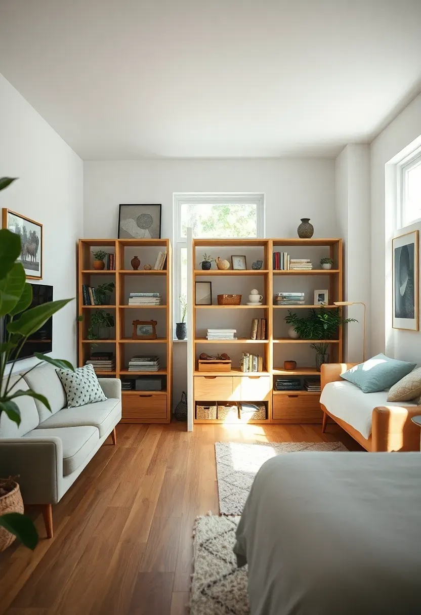 Hyper-realistic view of small studio apartment with open shelving room divider separating living area from sleeping space, divider accessible from both sides with curated objects, small apartment optimizing space, oak floor, white walls. Materials: white or natural wood open shelving unit, objects displayed on both sides, oak floor, white walls, small sofa one side, bed other side. Natural light, zoned separation mood. Single piece dividing space while preserving openness, shallow depth of field, no text, no logos, no watermarks.</p>