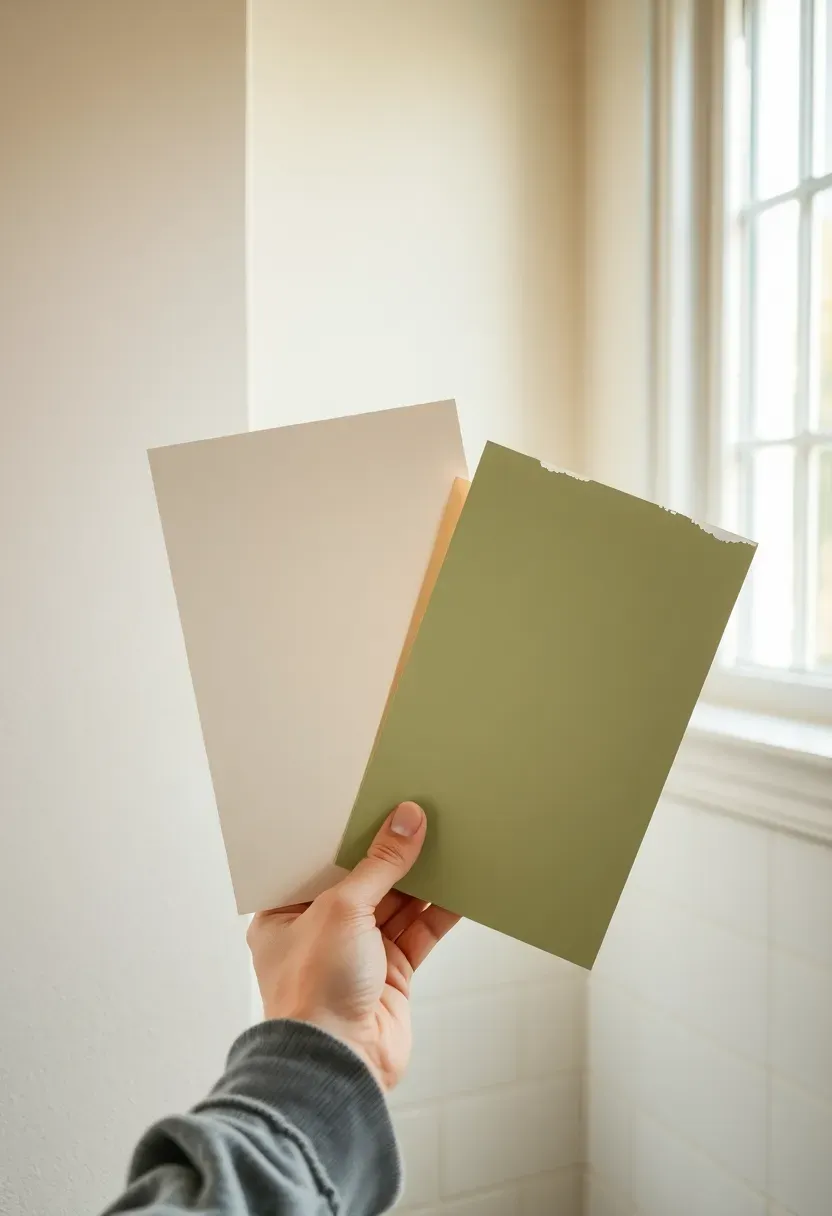 Person holding warm linen white and soft sage paint swatches against a small bathroom wall — choosing a light color palette to visually expand the space