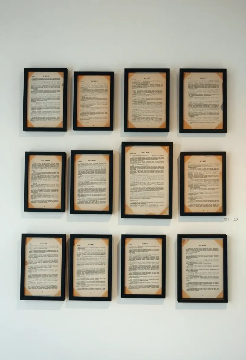 Framed vintage book pages arranged as literary-themed gallery wall in a teen bedroom — budget DIY art from thrift store finds