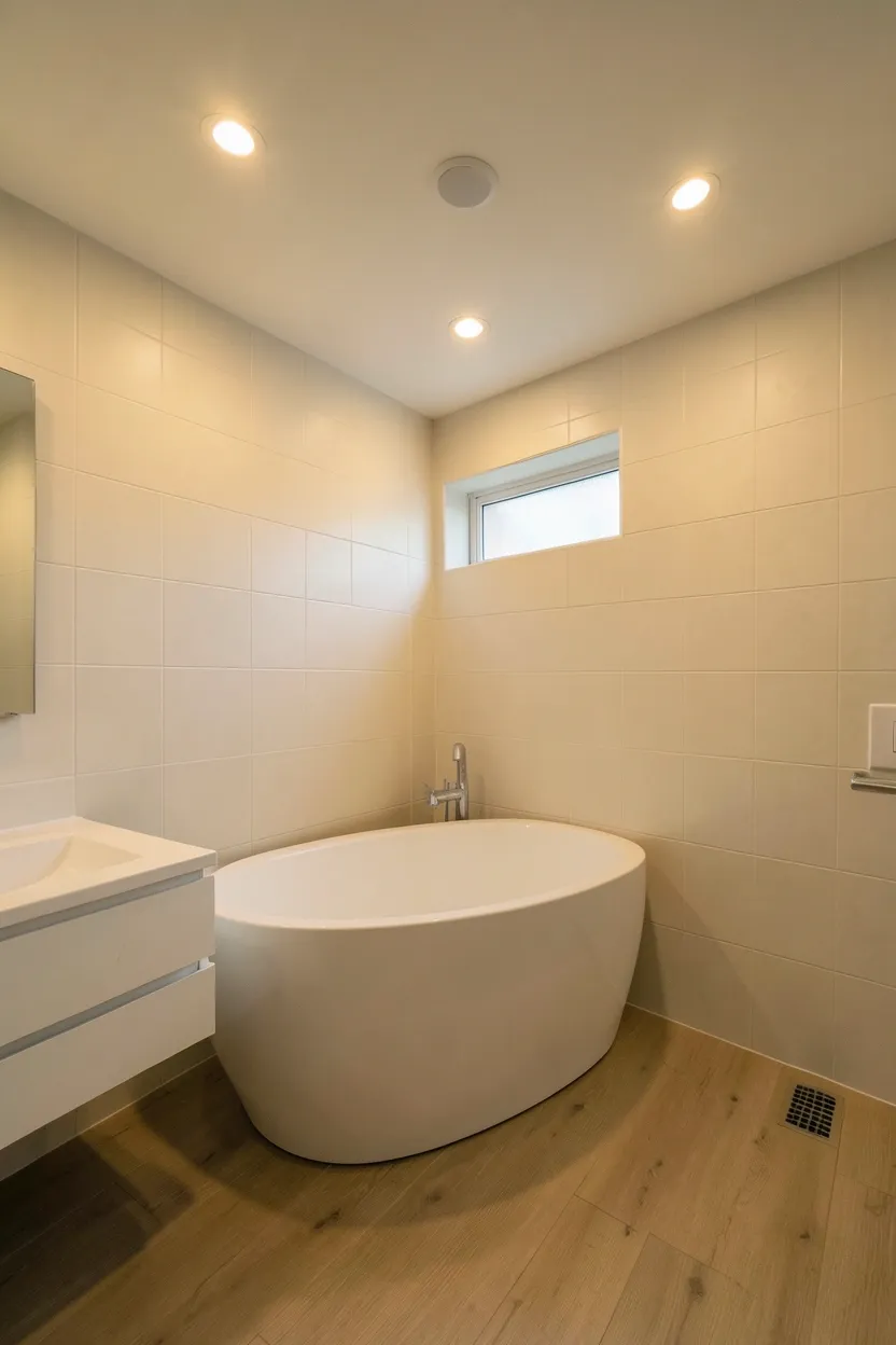 Hyper-realistic eye-level photograph of recessed lighting in zen bathroom. Ceiling features multiple small round recessed light fixtures flush with ceiling, providing even soft illumination. Lights are dimmed creating warm ambient glow. Bathroom shows white freestanding tub, pale cream tile walls, light wood floor. Minimal floating white vanity. Small frosted window. Space feels serene and calm. Materials: white fixtures, ceramic tiles, oak wood. Soft ambient mood. Focus on lighting effect and atmosphere. No text, no logos, no watermarks.</p>