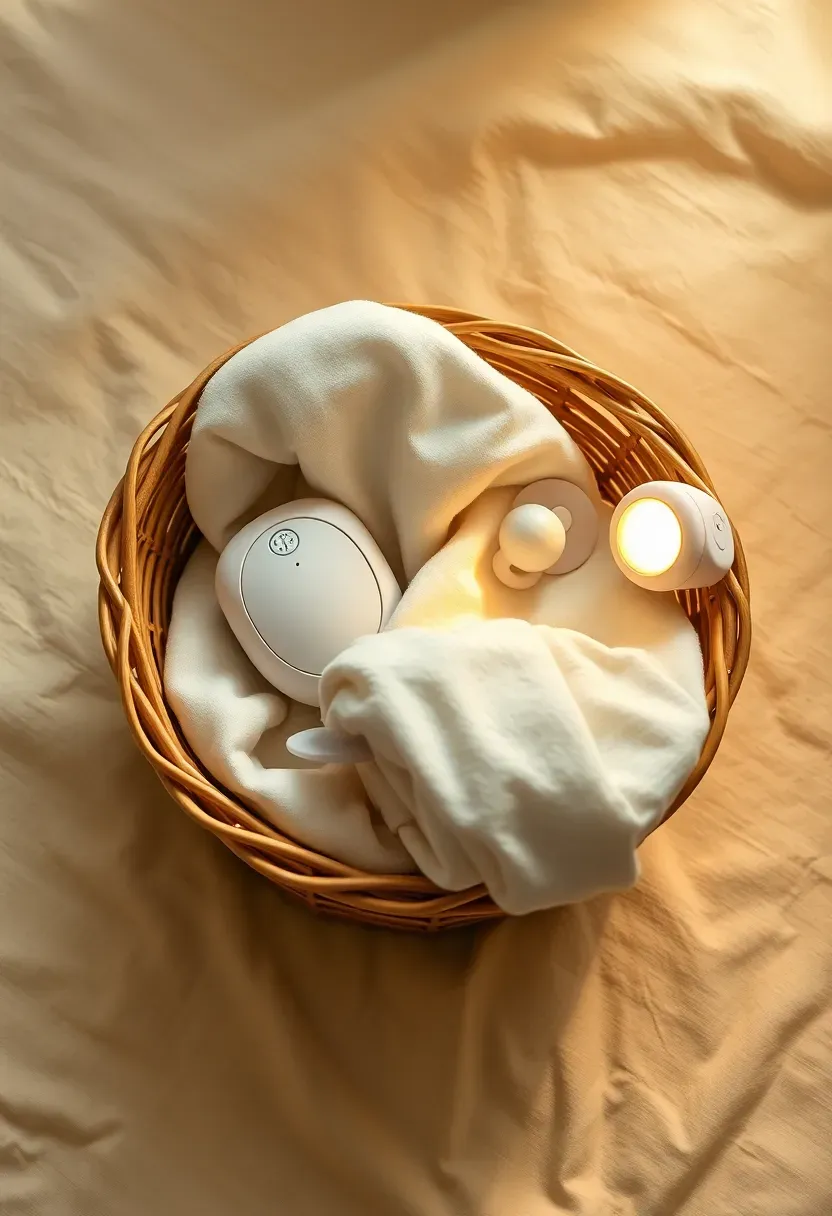nighttime baby essentials gift basket with swaddle blanket white noise machine pacifier and soft nightlight on a cream linen background