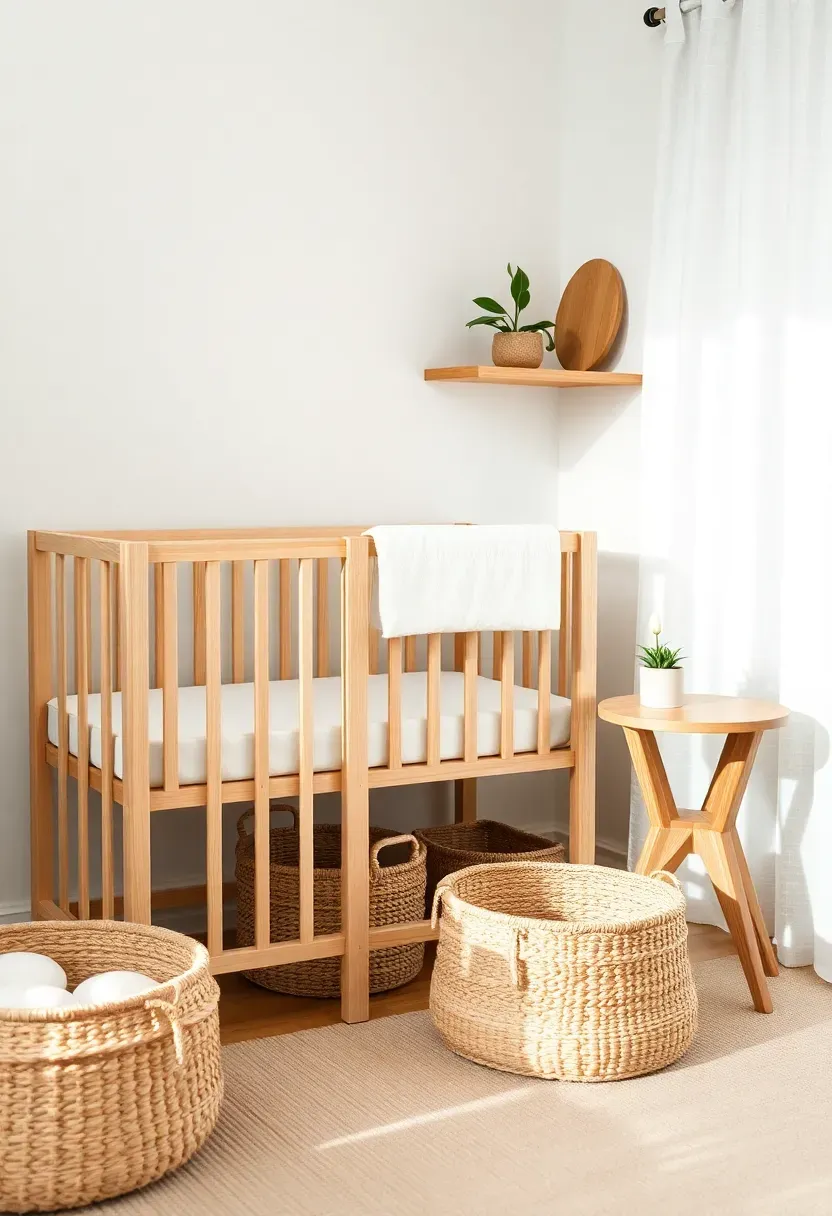 Japandi zen nursery corner in small parent bedroom with ash wood bassinet, seagrass storage basket, and potted snake plant on floating shelf