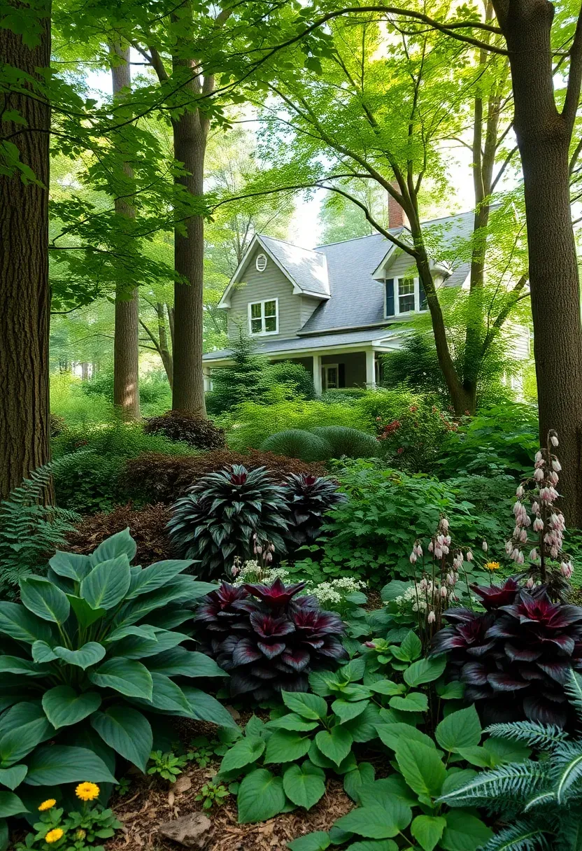 Hyper-realistic 3/4 view of a shaded woodland front yard garden with hostas, ferns, bleeding hearts, astilbes, and native wildflowers naturalistically planted beneath mature deciduous trees with dappled light filtering through canopy. Materials: textured shade foliage in greens, burgundy, silver; delicate shade blooms. Soft dappled sunlight through leaves, rich green and burgundy palette. Naturalistic, flowing layout mimicking forest floor. Visible home nestled among trees. No text, no logos, no watermarks.</p>