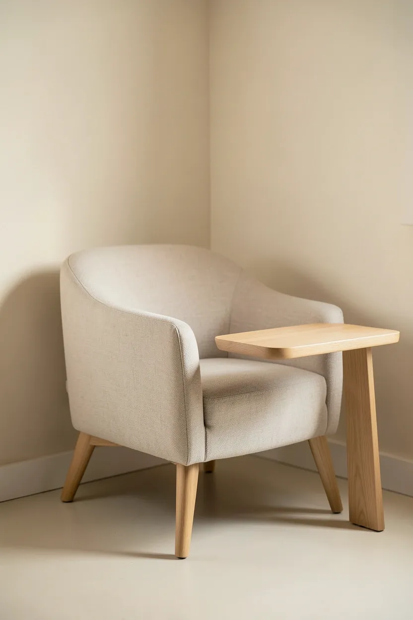 Beige upholstered armchair with tapered wooden legs in a bedroom corner beside a slim metal side table and an arc floor lamp — minimalist reading nook for renters